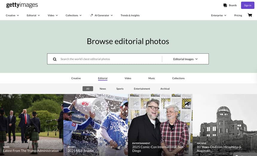 Snímek obrazovky z Getty images s redakčními fotografiemi 1