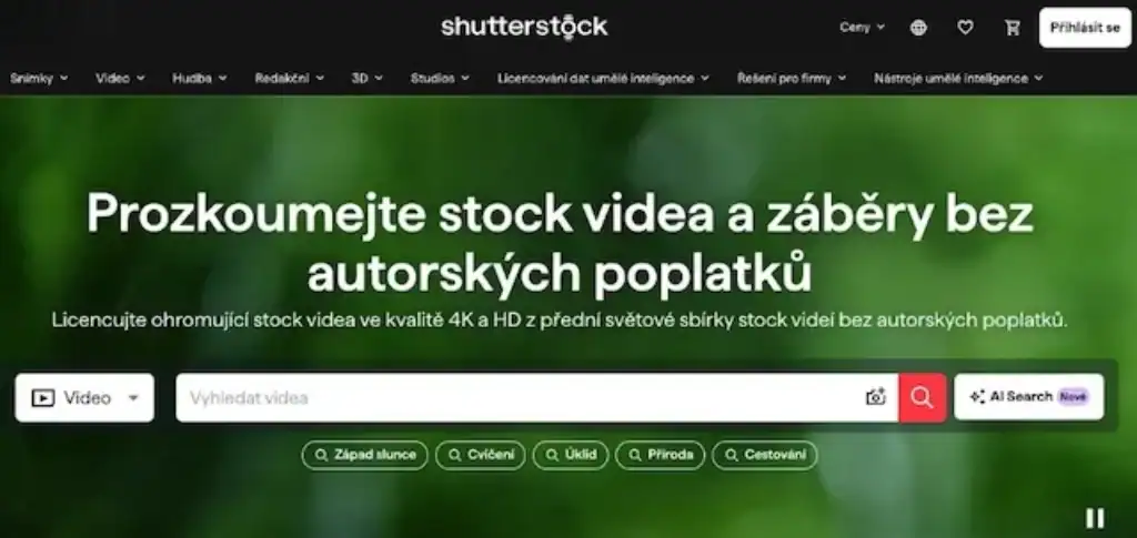 Úvodní stránka Shutterstock pro videa